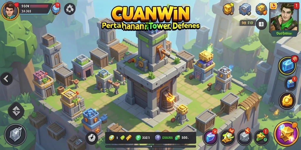 Gameplay CUANWIN yang seru dengan menara dan serangan musuh.