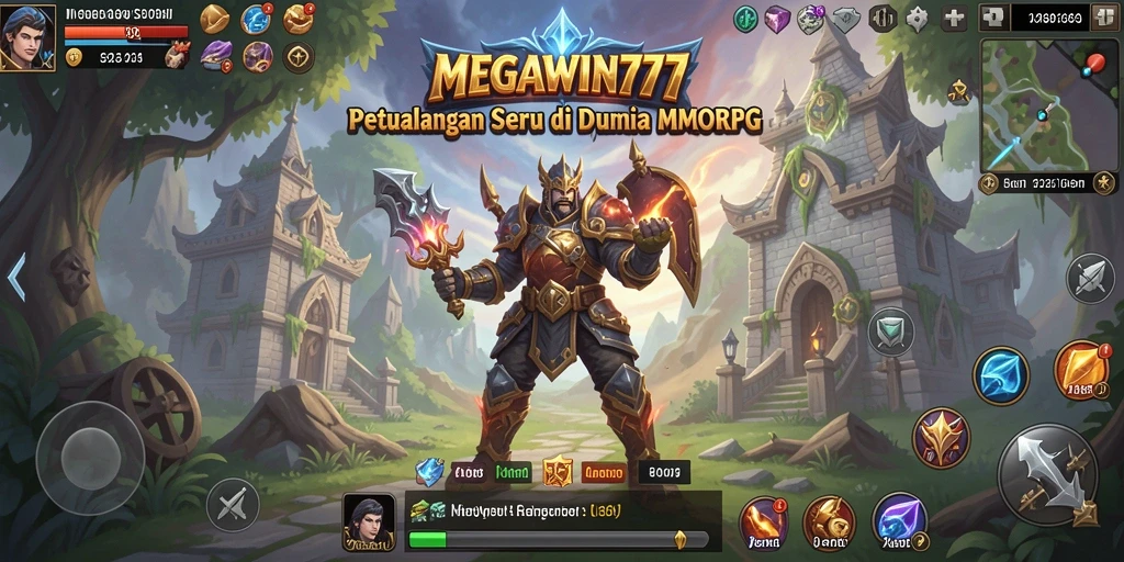 Screenshot utama menunjukkan gameplay seru di dunia MMORPG MEGAWIN777.