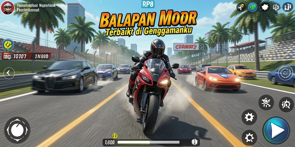 Tampilan gameplay balapan motor yang menegangkan di RP8.