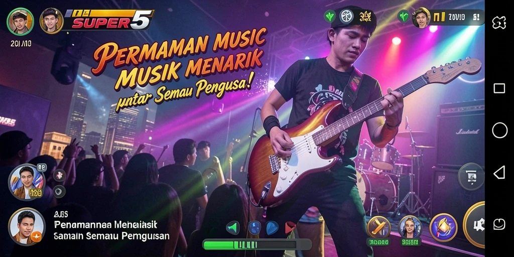 Screenshot SUPER5 menampilkan gameplay seru dengan berbagai pilihan musik.